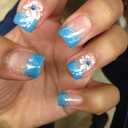 French Tip Press on Nails Short Square Flower Fake Nails Blue False Nails with White Hibiscus Glitter Rhinestones Designs Glossy Glue on Nails Acrylic Nails for Women Girls 24Pcs (Style11)