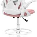 Primy Drafting Chair Tall Office Chair with Flip-up Armrests Executive Ergonomic Computer Standing Desk Chair with Lumbar Support and Adjustable Footrest Ring (Rose Quartz)