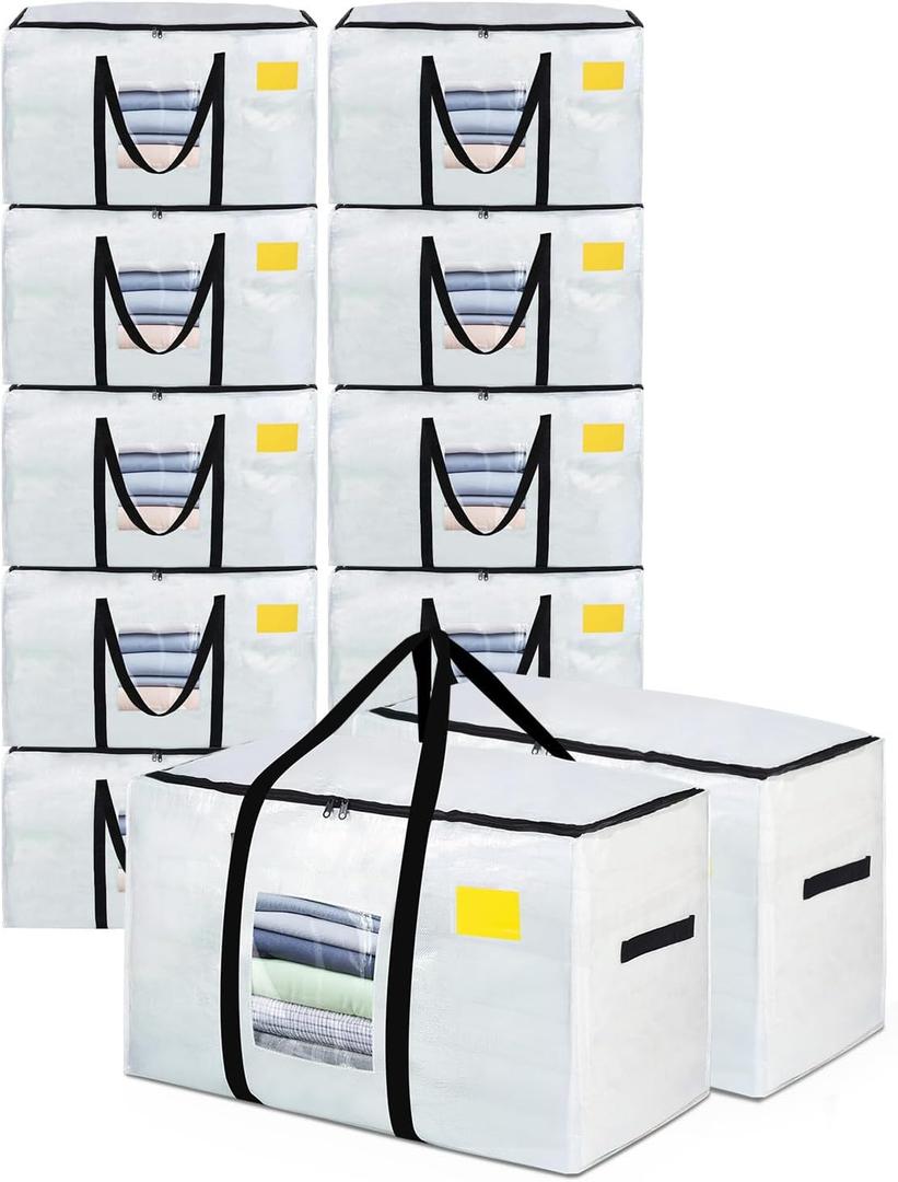 Extra Large Moving Bags, 12 Pack Heavy Duty Storage Bags Boxes Bins Totes with Hnadles Zippers Visible Window for Clothes College Dorm Travel, Clear