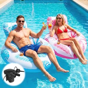 Inflatable Pool Float Adult with Built-in 50W Air Pump, Heart Shape Pool Float Chair with Cup Holders, Heavy Duty Floating Lounge Chairs for Pool, Beach, Lake & Summer Water Party Relaxation(Blue)