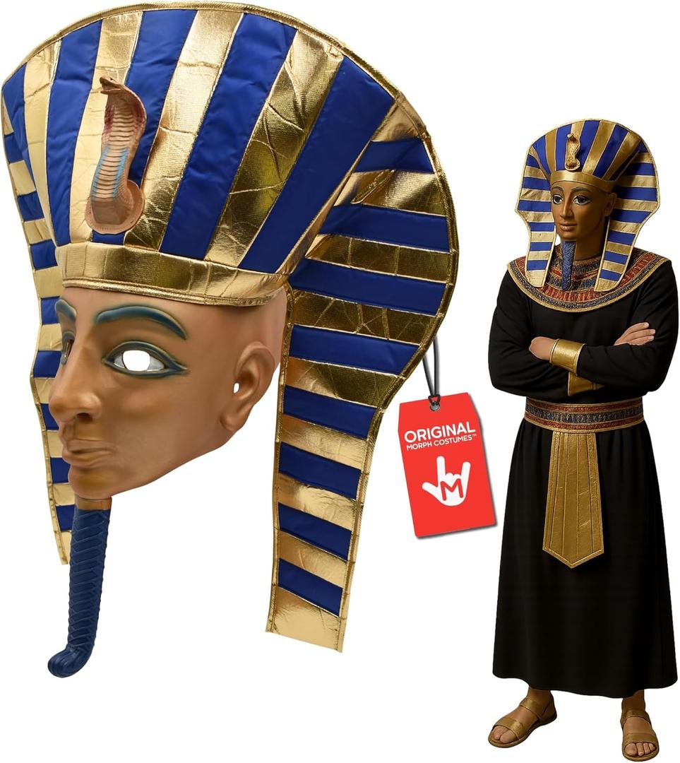 Nicky Bigs Novelties Morph Pharaoh Mask Latex Over Head Egyptian King Tut Headdress in Gold & Blue with Detachable Cloth Headpiece One Size Adults Halloween & Cosplay