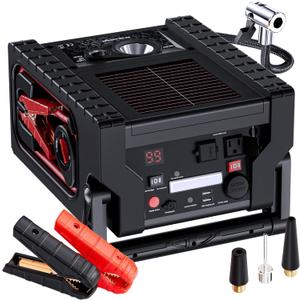2000A Car Jump Starter with Air Compressor, Portable Power Station with 400W Inverter, 12V Battery Booster for Up to 8.5L Gas/Diesel Engines, Dual AC/DC/USB Outputs for Cars, Trucks, Camping (Black)