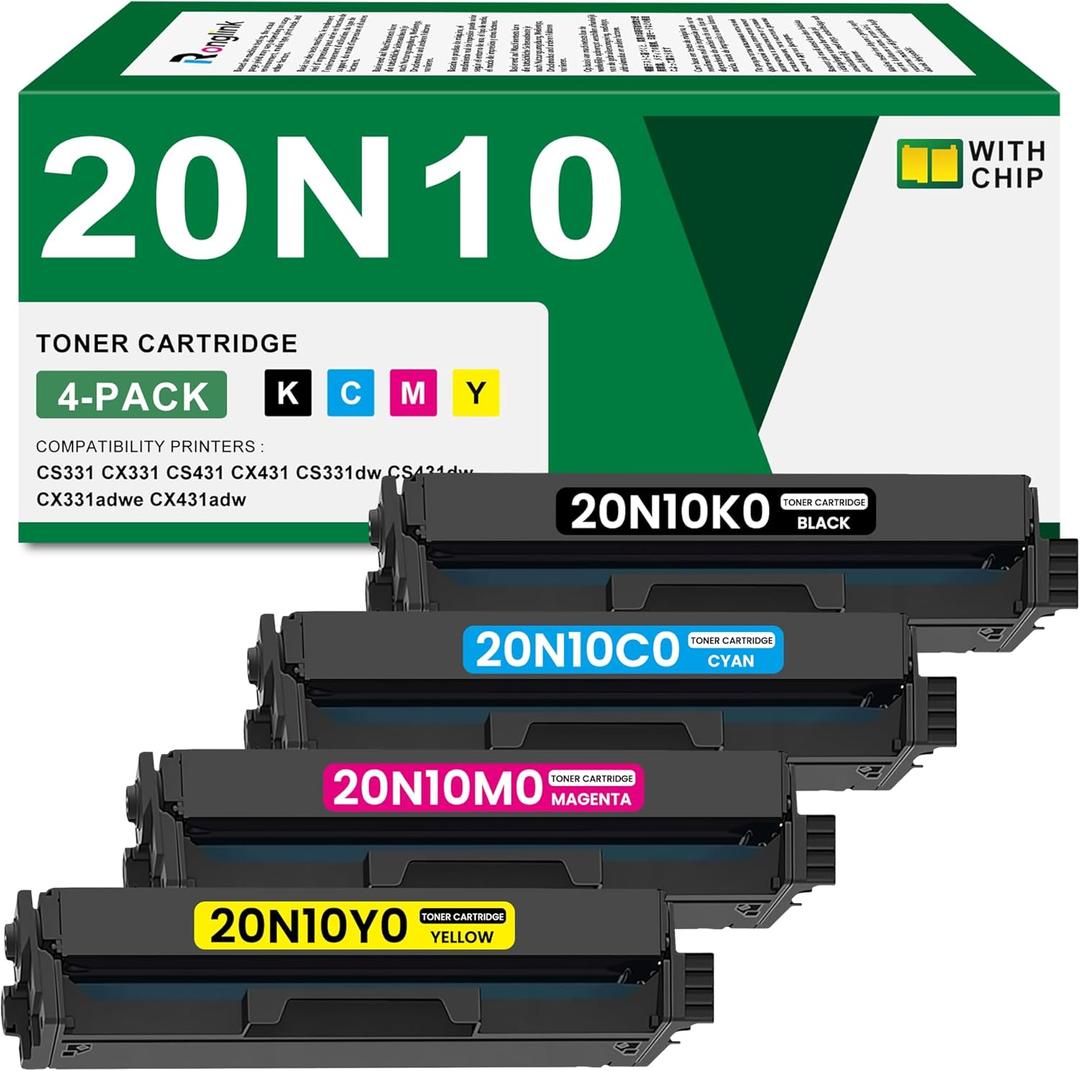 CS331 CX331 Toner Cartridge (with Chip) Replacement for Lexmark 20N10 20N10K0 20N10C0 20N10M0 20N10Y0 Toner Cartridge for CS331 CX331 CS431 CX431 CS331dw CS431dw CX331adwe CX431adw Printer (4-Pack)