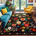 RELEANY Floral Nursery 6x9 Area Rugs Washable Print Boho Cute Carpet Non Slip Flower Low Pile for Living Room Kids Girls Playroom Bedroom Kitchen Office Farmhouse-Black
