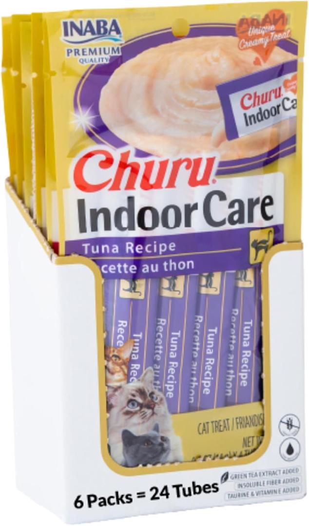 INABA Churu Indoor Care for Hairball Control, Functional Lickable Cat Treat with Taurine & Green Tea Extract, 0.5oz Each, 24 Tubes Total, Tuna Recipe (EXP 08/14/27)