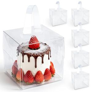 6PCS 6x6x5Inch Clear Cake Boxes - RAINFLOW Mini Clear Gift Box with Portable Carry Handle & Boards, Transparent Treat Boxes Hold Cake, Donut, Pastries, Cookies for Wedding, Birthday, Christmas, Party