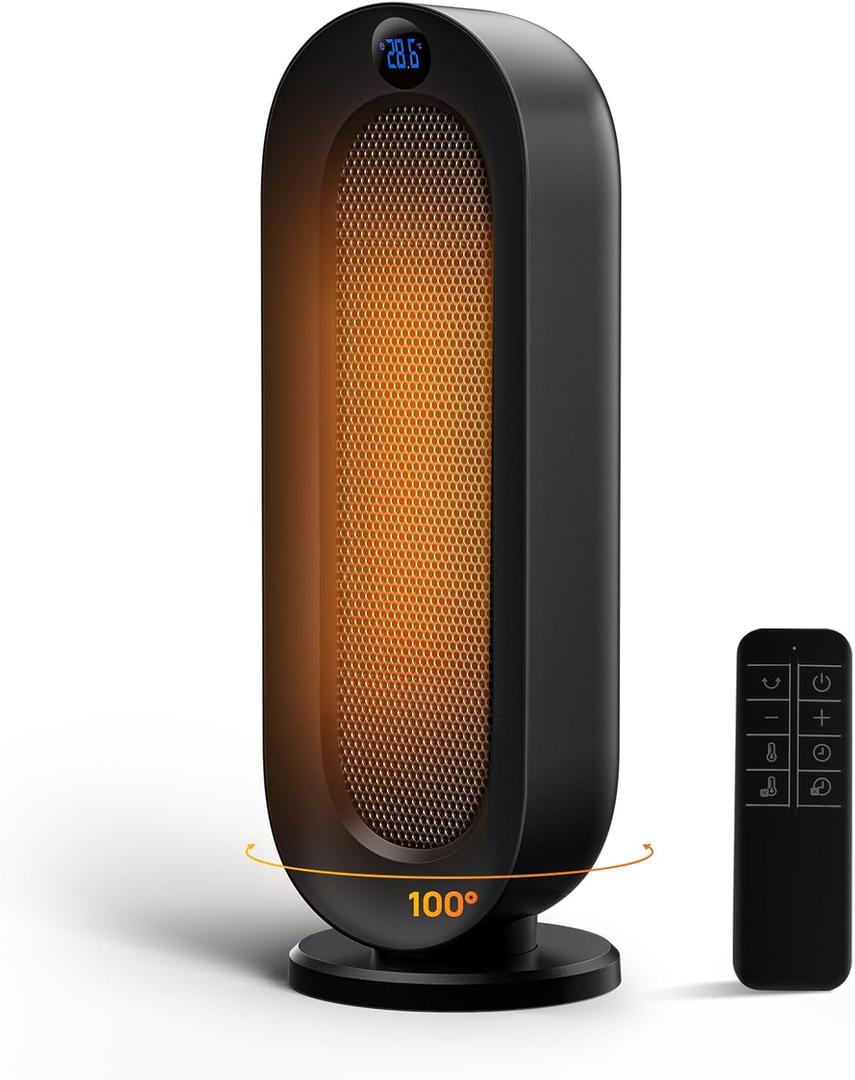 Space Heater for Indoor Use, 1500W Electric Heaters with 100 Oscillation, 1-12H Timer, Remote, Tower Heater Quick 2s PTC Ceramic Heating, Safety Heater for Office, Bedroom, Large Room (Black)