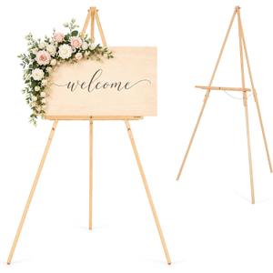 63" Easel Stand for Wedding Signs, Adjustable Wooden Display Easel with Holder, Tripod Floor Easel for Welcome Board, Poster, Picture, Photos, Paintings - Natural, 1 PCS