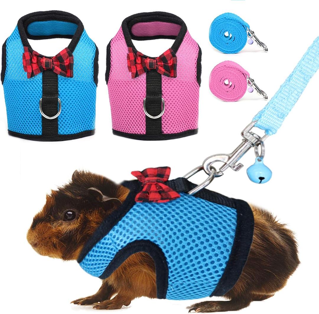 Rypet Guinea Pig Harness and Leash 2 Pieces - Soft Mesh Small Pet Harness with Safe Bell, No Pull Comfort Padded Vest for Guinea Pigs, Ferret, Chinchilla and Similar Small Animals (2PCS (Blue & Pink))