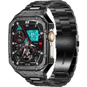 BAITEYOU Stainless Steel Watch Band with Case Compatible with Apple Watch band Ultra 3 2 1 49mm, Rugged Strap with Metal Protective Bumper Cover for iWatch Bands Men (Black)