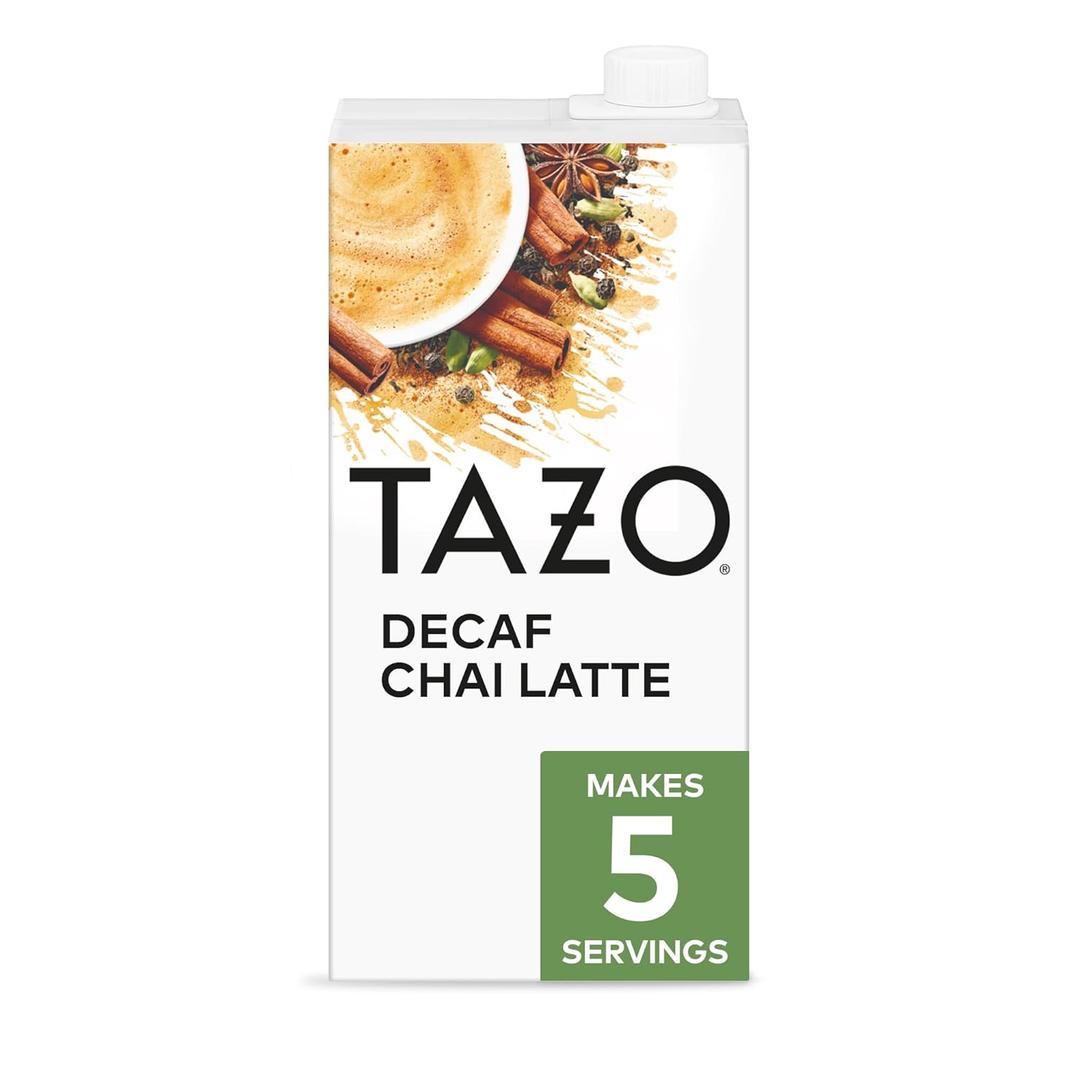 TAZO Decaf Chai Latte, Black Tea Concentrate, Easy-to-Serve Chai Tea for Everyday Lattes, Hot or Iced Tea and Mocktails, 32 oz Tea Mix Carton 2 Pack, Best By: APR 18 2027