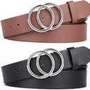 Pack 2 Women Belts for Jeans with Fashion Double O-Ring Buckle and Faux Leather (Brown)