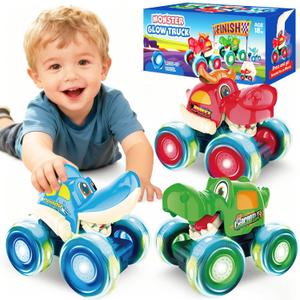 Monster Truck Toys, Toy Cars for Toddlers 1-3 with Bull Shark Crocodile Glow Rover Wheels Press and Go Cars Monster Trucks for Toddler Boy Toys Christmas Birthday Gifts 3 Pack