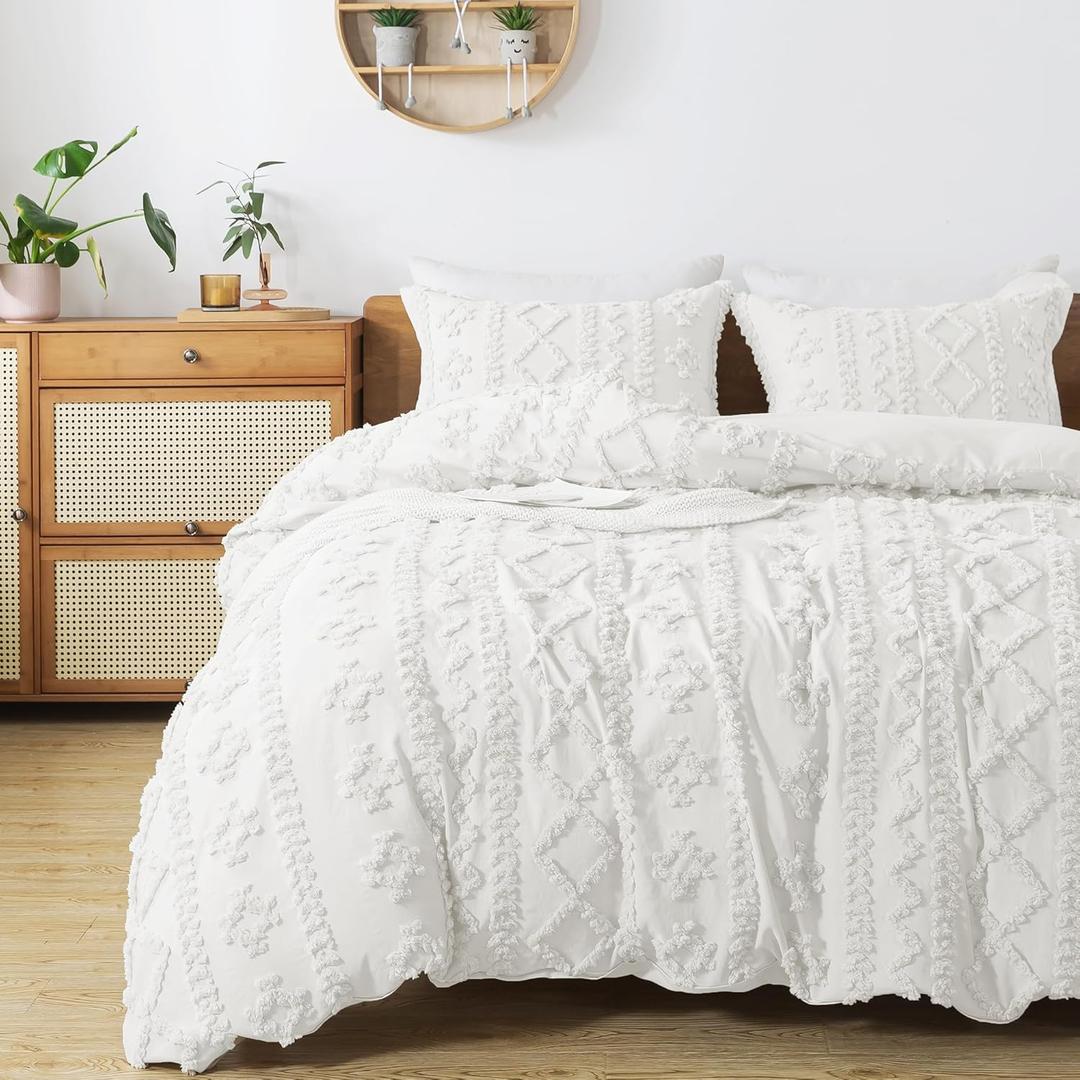 HYLEORY Boho Duvet Cover Queen Size Breathable Tufted Duvet Cover Set for All Seasons, 3 Pieces Bedding Duvet Cover with Zipper Closure, 1 Duvet Cover (90"x90") and 2 Pillow Shams, NO Comforter, White