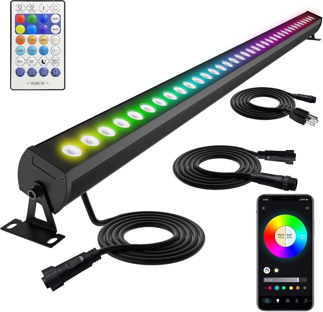 40-Inch Linkable LED Wall Washer Light Bar Smart RGBCW Color Changing LED, Bluetooth & RF Remote Control, 2700K6500K Tunable White, 16M Colors, 1100% Dimmable, IP65 Waterproof