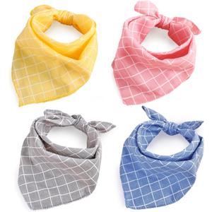 4PCS Spring Dog Bandanas Cat Birthday Cute Soft Cotton Puppy Scarfs Washable Daily Handkerchief Pink Yellow Blue Grey Comfortable Gifts, Adjustable Accessories for Small Medium Large Girl Boy Pup Pet (Plaid)