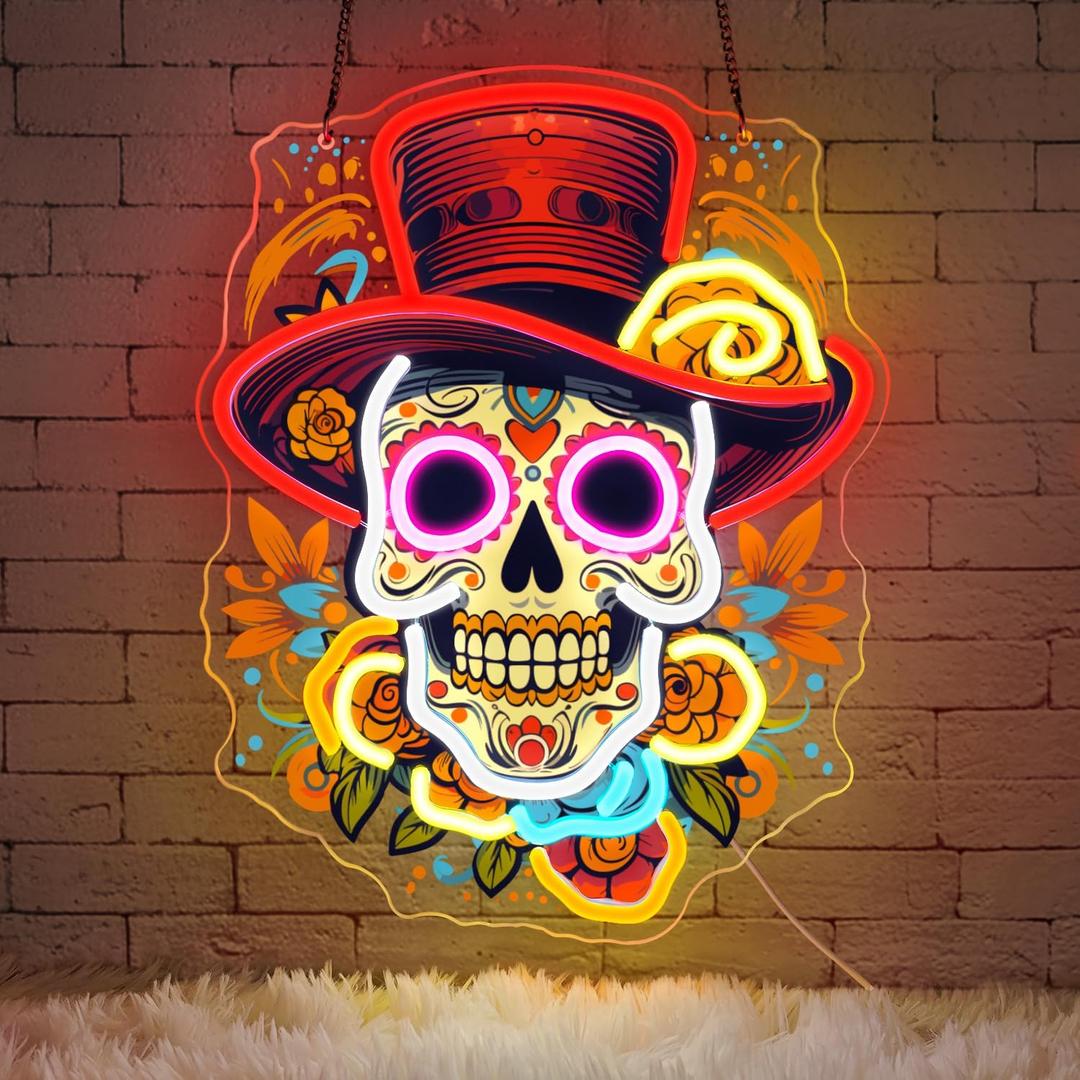 Day of the Dead Neon Sign - Mexican Sugar Skull LED Neon Light for Home & Bar Decor, UV Printed Art with Flexible LED Strip, Halloween & Da de Muertos Party Decoration (Red