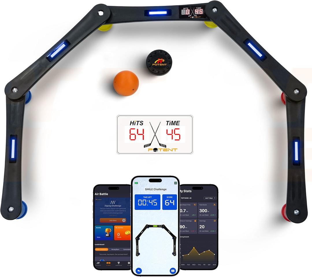Potent Digital Stickhandling Trainer 2.0 with AppEnabled Training, Builtin Scoreboard & Countdown Timer  Practice Puck Control & Reaction Times, Portable On & Off Ice Hockey Training Aid