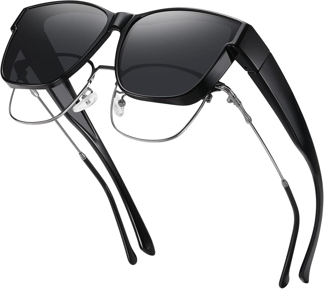 GEGURI Polarized Sunglasses Fit Over Glasses for Men Women, Oversized Square Sun Glasses UV400 Protection Shades (Size L A02 Black/Grey)