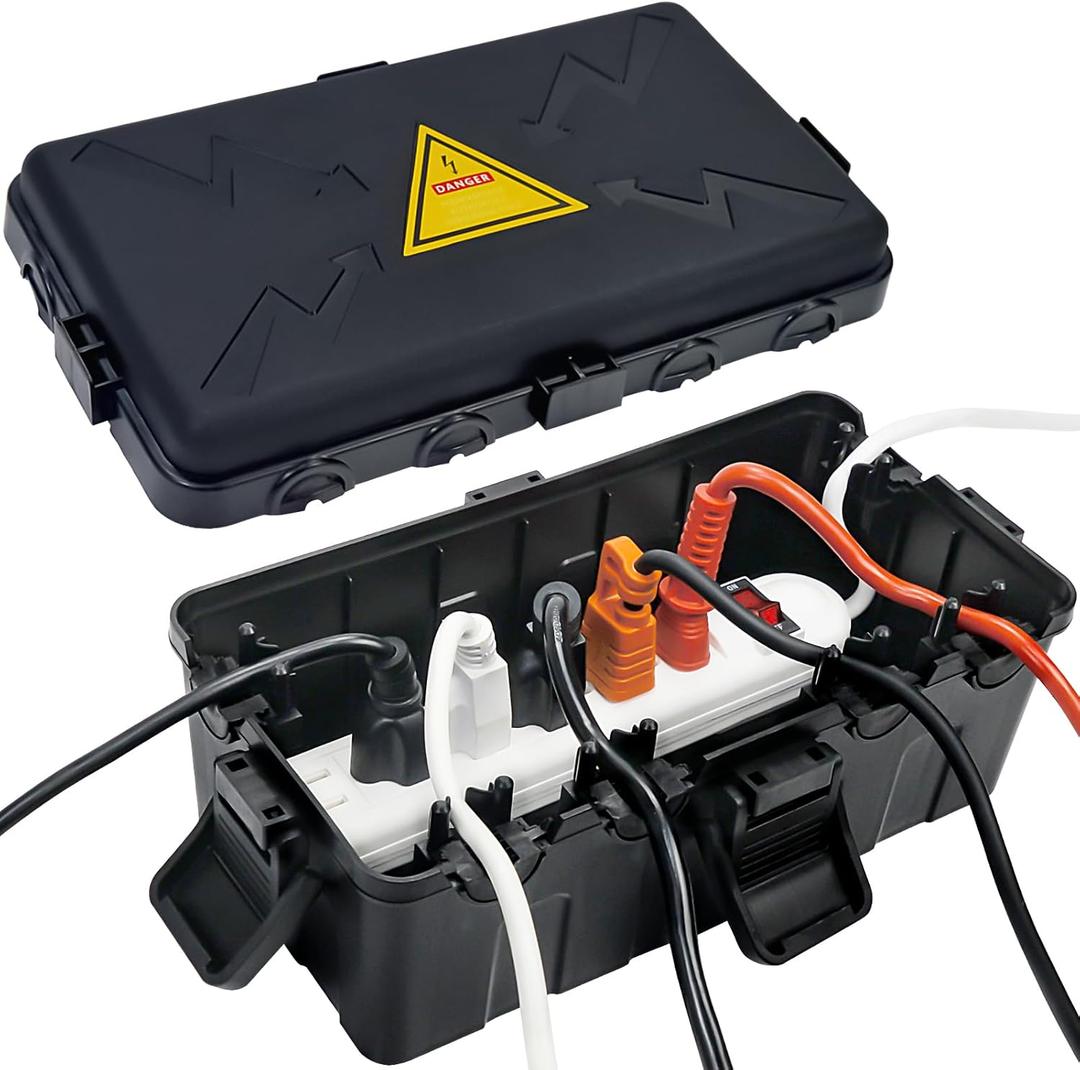 Hrensaw Medium Outdoor Electrical Box(10.6x5.5x4.5inch), Weatherproof Connection Box w/ 6 Cable Entry, IP54 Waterproof Extension Cord Cover Protect Power Strip, Timer, Plug, Holiday Lights, Black