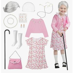Old Lady Costume for Kids: 100 Days of School Costume for Girls 100th Day of School Granny Dress up Accessories with Wig, Glasses Wrinkle Tattoo Stickers, Cane, Jewelries, Grandma Cosplay Kit