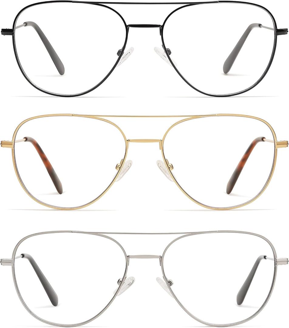 AMOMOMA 3-Pack Retro Aviator Reading Glasses for Men Women Trendy Square Blue Light Blocking Computer Readers Metal AM6092 Mix (+1.5 Magnification Strength)