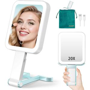 Mocado Travel Makeup Mirror with Lights,20X/1X Magnifying Mirror with Light, Double Sided Travel Mirror with 3 Color Light,Dimmable Touch, Lighted Makeup Mirror for Tabletop, Handheld, Hanging(Blue)