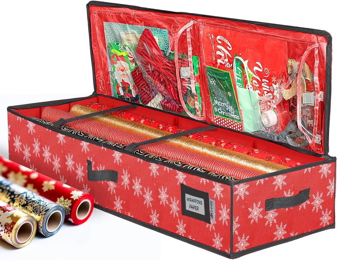 HOLDN' STORAGE Premium Wrapping Paper Storage Container - Durable 600D Tear-Proof, Fits 27 Rolls Gift Wrap, Extra Pockets for Ribbons & Bows, Underbed Storage - Ideal for Holiday Christmas, Red/White Snowflakes