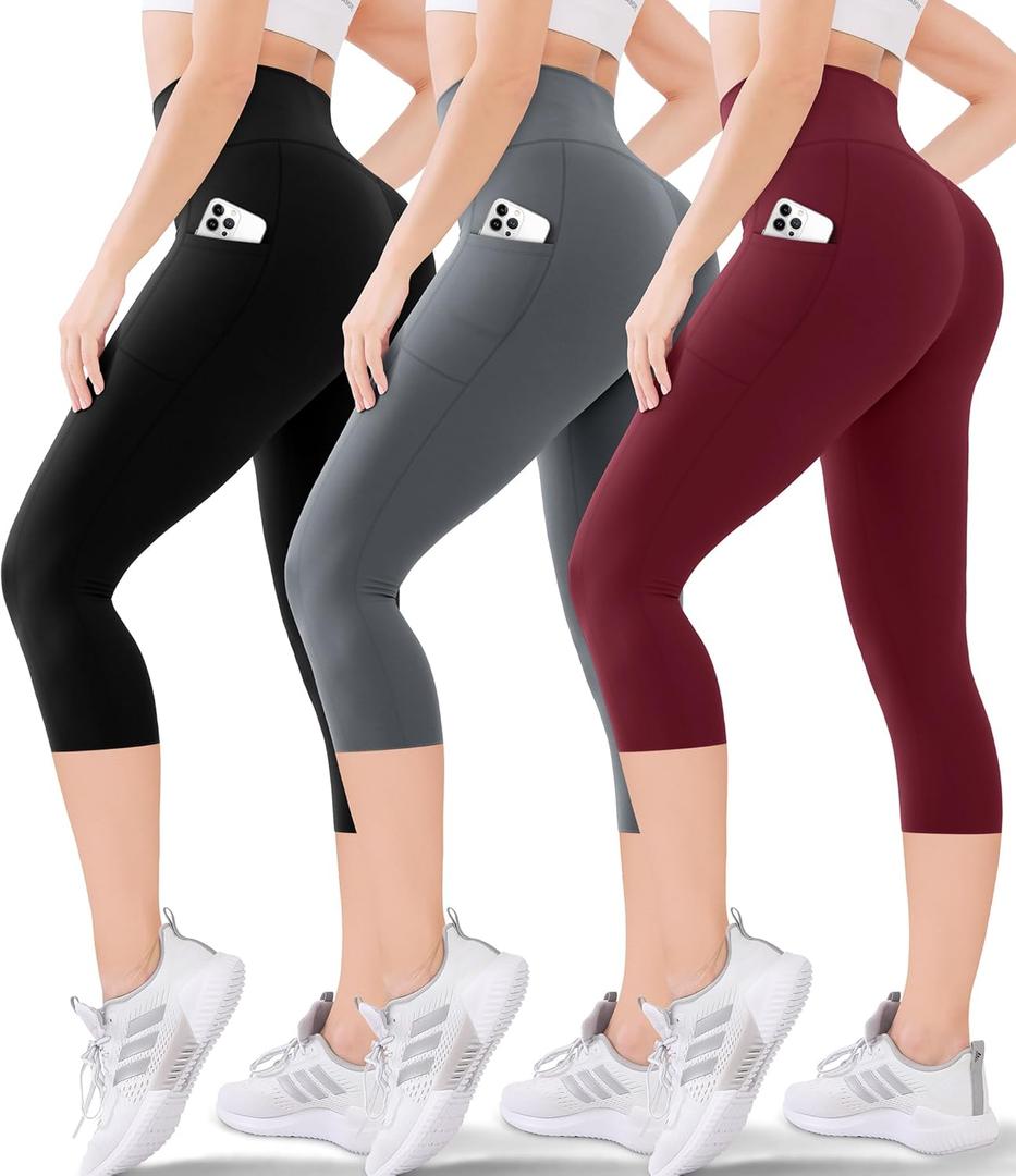 Blisset Women's High Waisted Capri Buttery Soft Tummy Control No See Through Workout Athletic Running Yoga Cycling (Large-X-Large, 105-black/Grey/Burgundy)