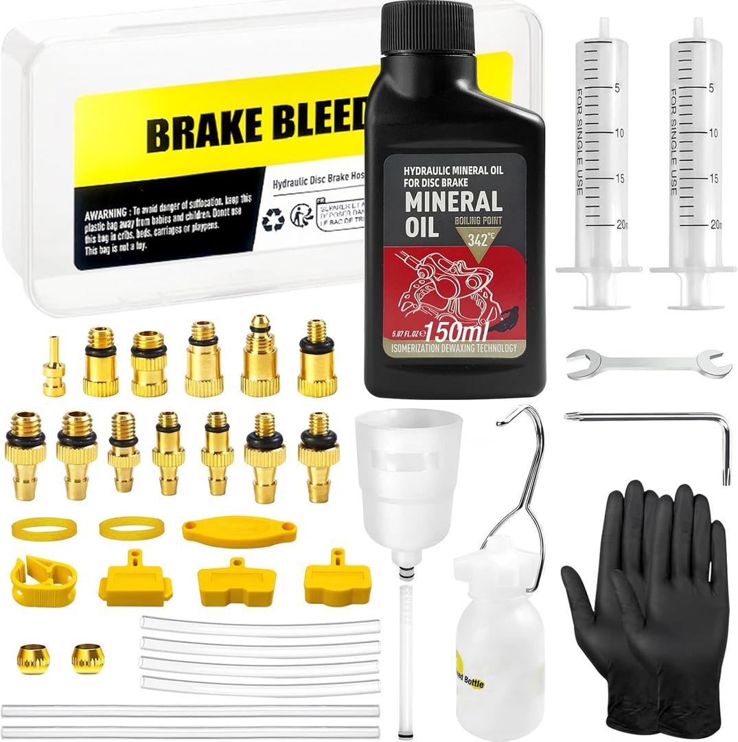 Brake Bleed Kit for Shimano, TEKTRO, TRP Hydraulic Disc Brakes, Bike Brake Bleed Kit with Brass Connector, 150 ML Mineral Oil Brake Fluid