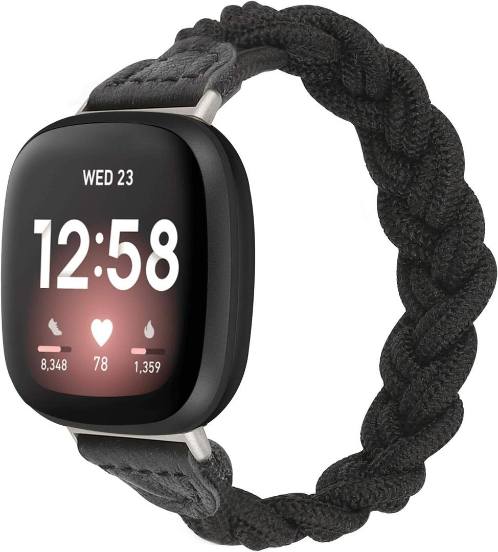 Wearlizer Elastic Band Compatible with Fitbit Versa 4 Bands for Woman/Versa 3/Sense 2/Sense Bands Women, Slim Solo Loop Braided Strap Stretchy Woven Wristband Accessory, Black S