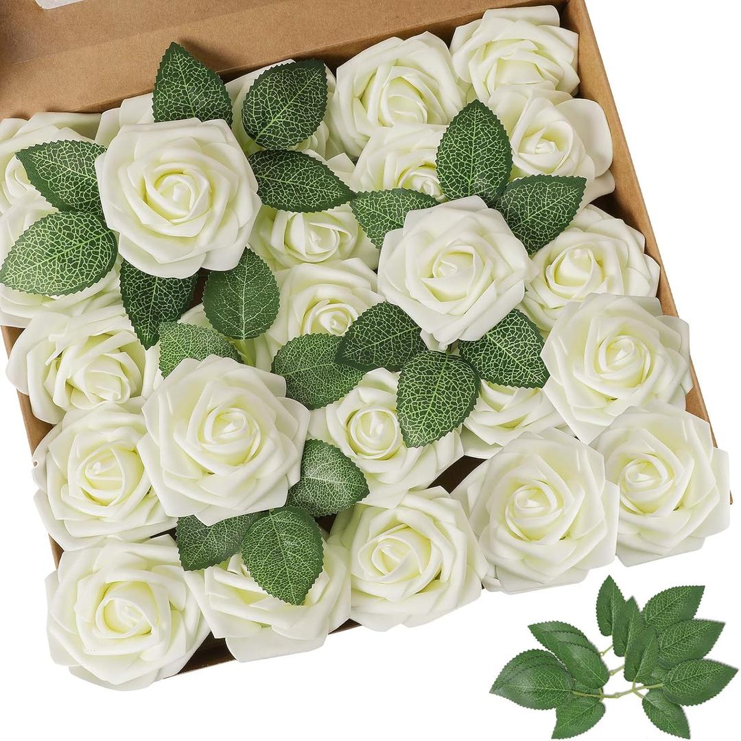 AmyHomie Artificial Flower Ivory Rose 25pcs Real Looking Fake Roses w/Stem for DIY Wedding Bouquets Centerpieces Arrangements Party Baby Shower Valentines Day Christmas Tree Decorations