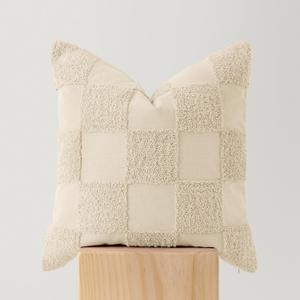 Double Stitch Checkered Throw Pillow Covers - 100% Cotton Tufted Boho Decorative Pillow Covers 20x20, Made in India, Square Plaid Cushion Case, Modern Home Decor for Couch, Sofa, Living Room, Beige