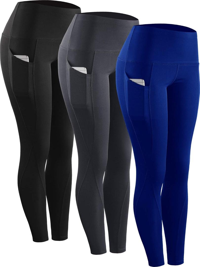 NELEUS 3 Pack Tummy Control High Waist Running Workout Leggings, 9017, Black, Grey, Blue, US L, EU XL
