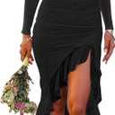 BORIFLORS Women's Ruched Bodycon Maxi Dresses Mesh Long Sleeve Square Neck Ruffle Hem Cocktail Party Dress (Black, Small)