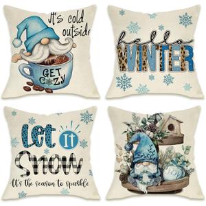 Fahrendom Hello Winter Blue Gnome Decorative Pillow Cover 18 x 18 Set of 4, It's Cold Outside Snowflakes Coffee Let It Snow Farmhouse Pillowcases, Christmas Buffalo Plaid Wooden Tiered Tray Decors