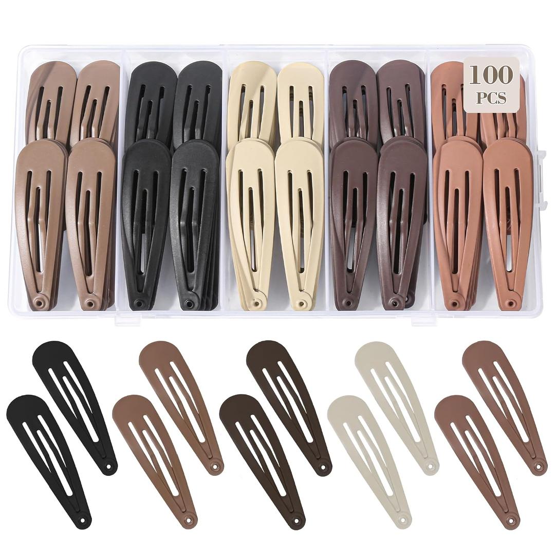 3 x 100Pcs Snap Hair Clips Hair Barrettes For Women Girls, No-Slip Metal Hair Snap Clips Accessories, Hairpins Matte 5 Colors, 2 x 0.55 Inch