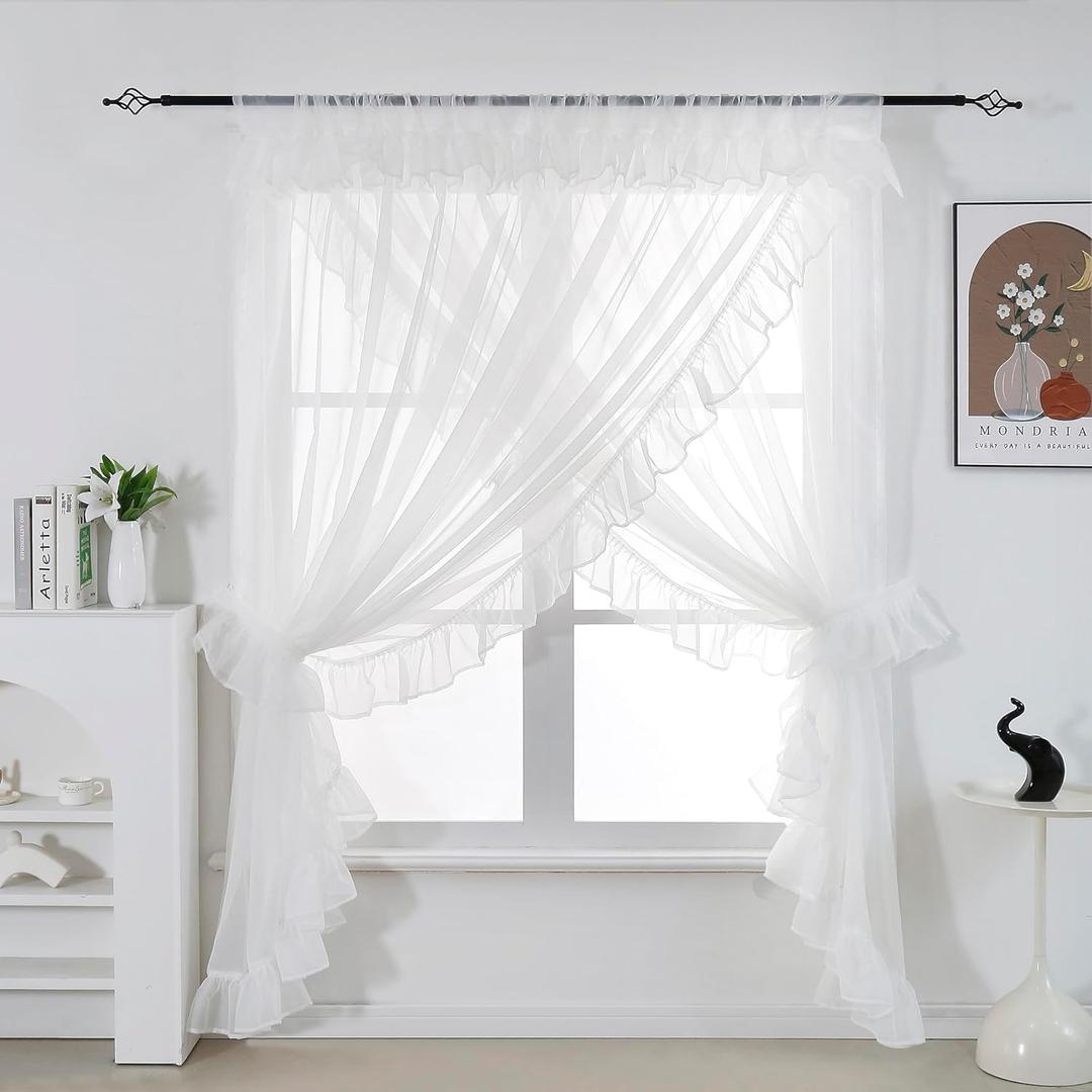 Shabby Chic Double Layer Sheer Ruffled Priscilla Rod Pocket Window Curtain Panel with Tiebacks White 120" W x 84" L