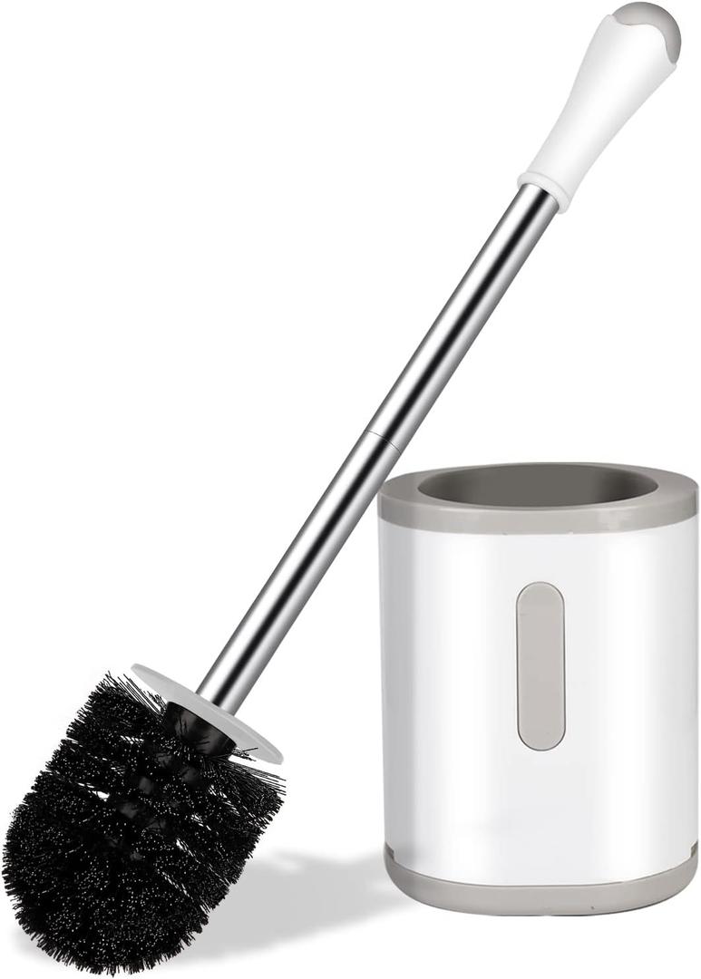 Compact Toilet Brush & Holder, Stainless Steel Handle, Space Saving for Storage, Deep Cleaning, Drip-Proof, Easy to Assemble, Nylon Bristles, White & Grey (1 Pack)