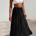 LUXVEER Womens Summer Boho Maxi Skirts Smocked High Wasited Flowy Tiered Ruffle A Line Long Beach Skirt Black S (Black, S)