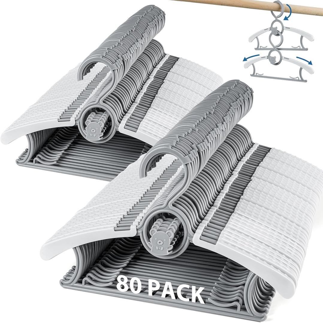 Kids Hangers 80 Pack Baby Hangers, Extendable & Adjustable Kid Hanger Non-Slip Plastic Baby Clothes Hanger for Kides Infant Child - Stackable Hangeres for Babys Clothes Grey Toddler Hangeres (Gray)