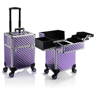Stagiant Rolling Makeup Train Case Large Storage Cosmetic Trolley 4 Tray with Sliding Rail Removable Middle Layer with Key Swivel Wheels Salon Barber Case Traveling Cart Trunk (Purple)