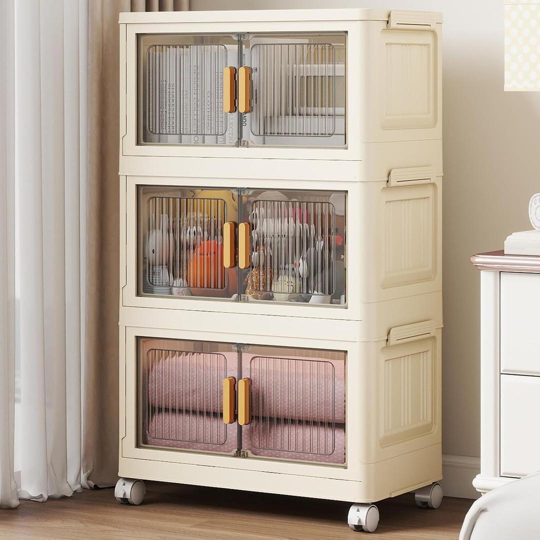 3 Tier Stackable Plastic Storage Bins with Lids 28QT, Collapsible Closet Organizers and Storage with Wheels for Living Room,Office,Dorm
