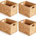 Layhit 4 Pcs Wicker Storage Basket Water Hyacinth Handwoven Baskets with Handles Foldable Woven Organizer Multipurpose Wicker Storage Bins for Bedroom Living Room(16 x 11 x 11'',Natural)