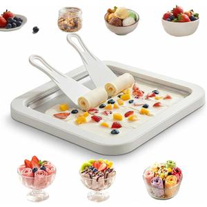 Rolled Ice Cream Maker Kit, DIY Ice Cream Roll Tray with 2 Scrapers, No Electricity Required, Stainless Steel Freezing Plate for Rolled Ice Cream, Frozen Yogurt, Sorbet (White)