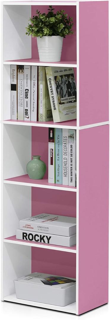Furinno LUDER Book Shelf, 5-Cube Bookshelf, Bookcase with Open Shelf, 9.4 x 15.8 x 52, for Living Room, Bedroom, Home Office, White/Pink