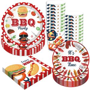 Adirasenotek BBQ Party Decorations BBQ Plates Napkins Cups,Disposable Paper Picnic supplies for Birthday, Baby Shower, Wedding, Barbecue Burgers and Grilled Meat Pattern, All Seasons