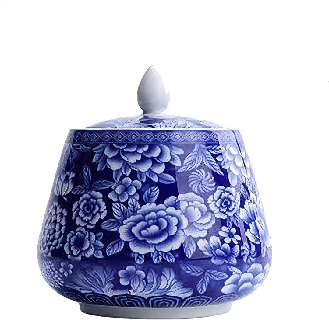 Ceramic Jar with Lid, Sealed Blue and White Canisters for Loose Tea & Coffee, Decorative Porcelain Ginger Jar for Kitchen Countertop Storage & Home Decor