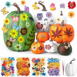 8 Pcs Artificial Pumpkins Fall Decor with 150 Pcs Dried Flower Butterfly Stickers & 1 Handy Tweezer DIY Craft Pumpkin for Thanksgiving Table Centerpiece Mantel Shelf (Orange White Green)