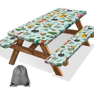 Camping Picnic Table Cover with Bench Covers and Bag, Camping Essentials, Waterproof Windproof Fabric, Fitted Tablecloth Cover with Elastic Edge, for Indoor & Outdoor, Garden, 3 PCS, 30x60 Inch